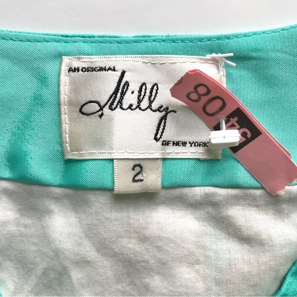 MILLY of NEW YORK Turquoise + Green Mod Print Top 3/4 sleeves Size 2 - Picture 6 of 16